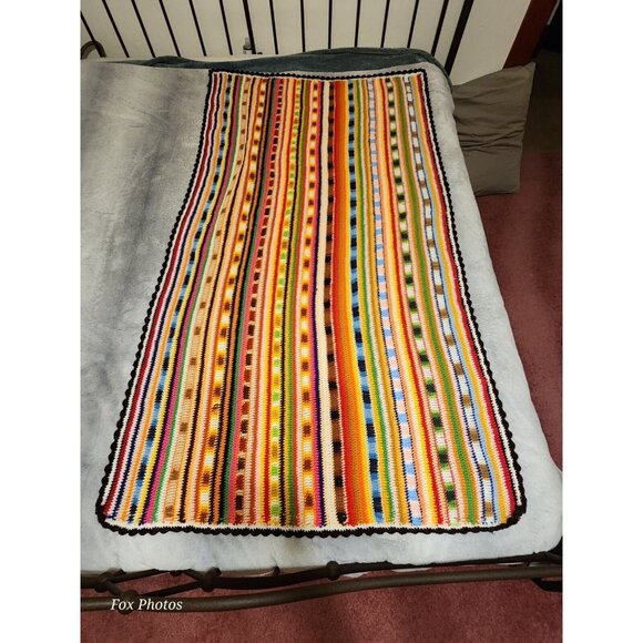 Hippie Chic Striped Crochet Afghan Throw Vintage Boho Grannycore Throw 70x37 - Picture 3 of 11